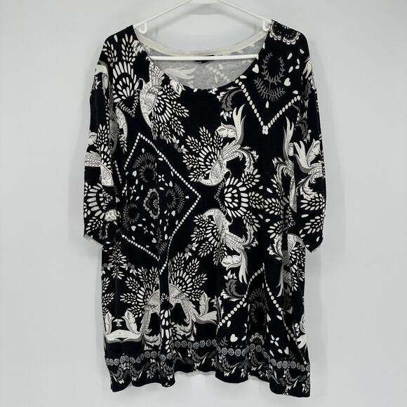 Talbots Sweater Womens 3XL Black White Floral Bird Print Short Sleeve Scoop Neck - Picture 1 of 11